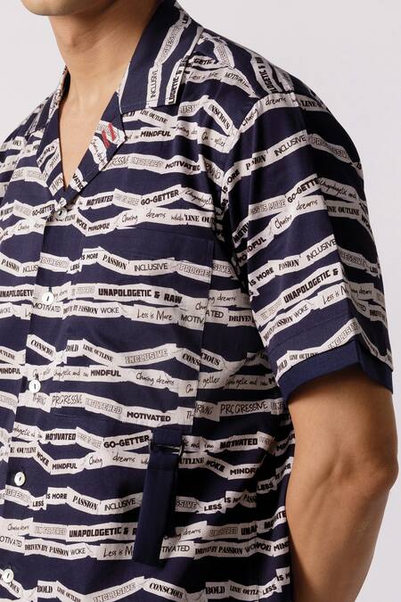 Shop_Line Out Line_Blue Cotton Satin Printed Scratchy Shirt_Online_at_Aza_Fashions