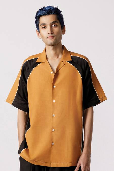 Line Out Line_Yellow Cotton Solid Raglan Sleeve Shirt_Online_at_Aza_Fashions