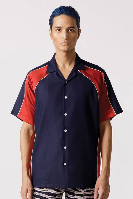 Line Out Line_Blue Cotton Solid Raglan Sleeve Shirt_Online_at_Aza_Fashions
