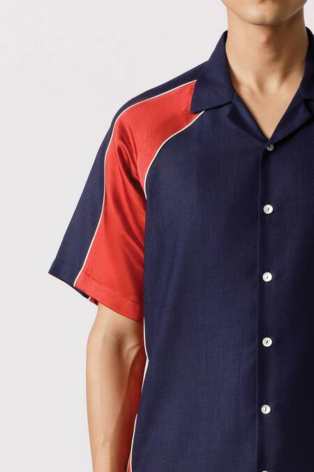 Shop_Line Out Line_Blue Cotton Solid Raglan Sleeve Shirt_Online_at_Aza_Fashions