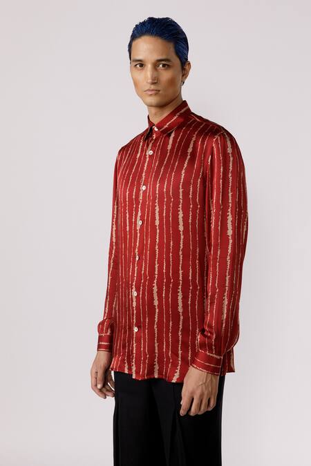 Buy_Line Out Line_Red Modal Satin Printed Striped Shirt_Online_at_Aza_Fashions
