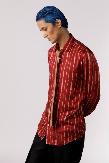 Shop_Line Out Line_Red Modal Satin Printed Striped Shirt_Online_at_Aza_Fashions