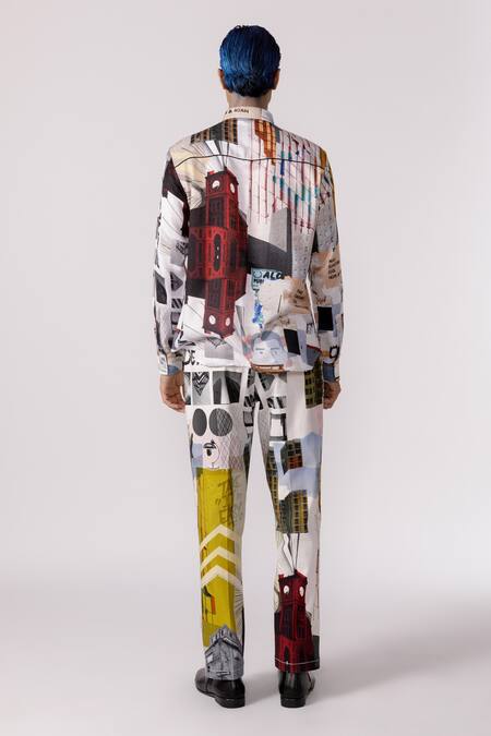 Shop_Line Out Line_Off White Cotton Poly Jacquard Printed Bauhaus Mosaic Shirt_at_Aza_Fashions