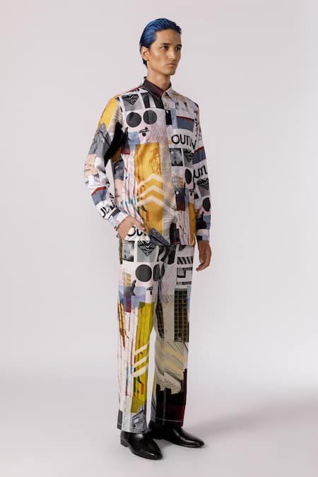Line Out Line_Off White Cotton Poly Jacquard Printed Bauhaus Mosaic Shirt_Online_at_Aza_Fashions