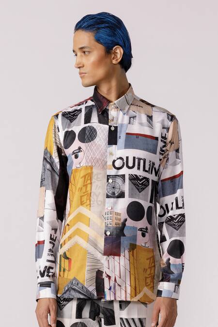 Shop_Line Out Line_Off White Cotton Poly Jacquard Printed Bauhaus Mosaic Shirt_Online_at_Aza_Fashions