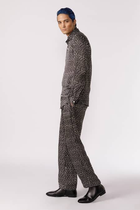 Line Out Line_Black Bamboo Silk Printed Polka Dots Shirt_Online_at_Aza_Fashions