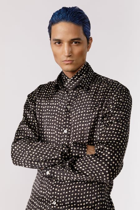 Buy_Line Out Line_Black Bamboo Silk Printed Polka Dots Shirt_Online_at_Aza_Fashions