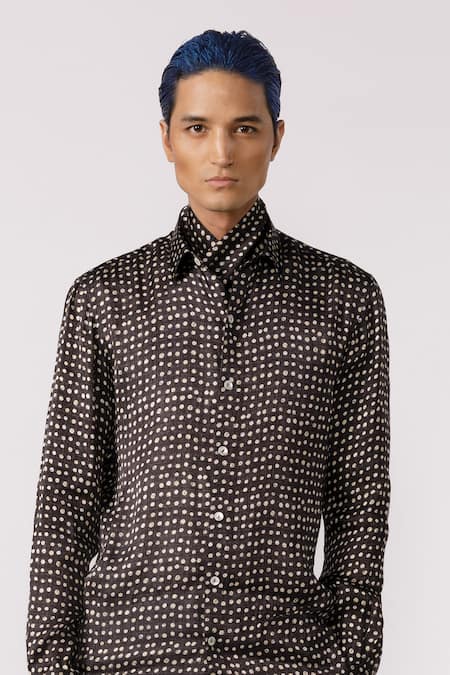 Shop_Line Out Line_Black Bamboo Silk Printed Polka Dots Shirt_Online_at_Aza_Fashions