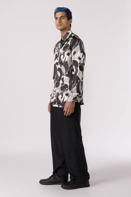 Line Out Line_Black Modal Satin Printed Abstract Pattern Shirt_Online_at_Aza_Fashions