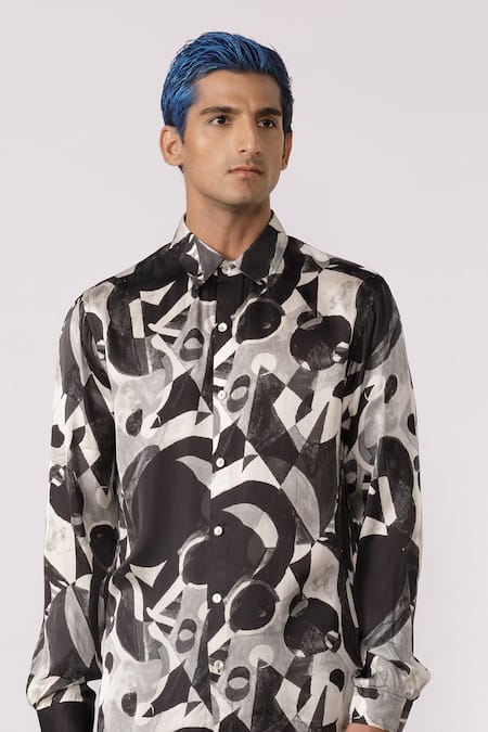 Shop_Line Out Line_Black Modal Satin Printed Abstract Pattern Shirt_Online_at_Aza_Fashions