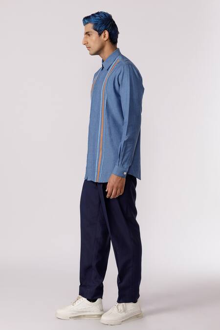Line Out Line Blue Hemp Solid Full Sleeve Shirt Online at Aza Fashions Line Out Line_Blue Hemp Solid Full Sleeve Shirt _Online_at_Aza_Fashions