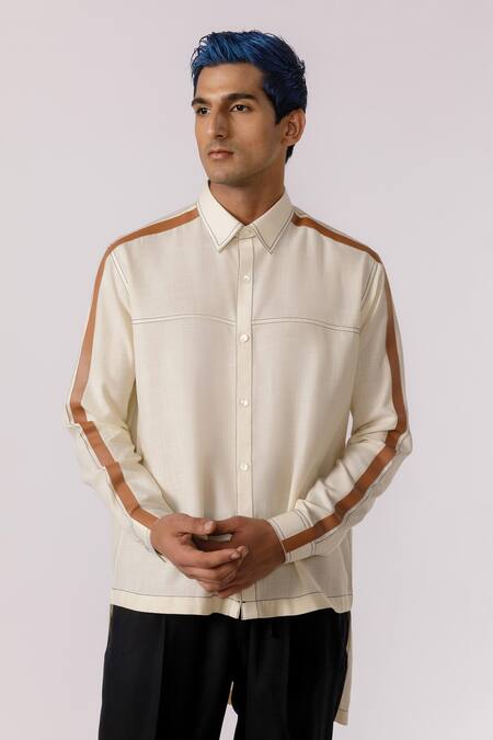 Buy_Line Out Line_Off White Cotton Solid Full Sleeve Shirt_Online_at_Aza_Fashions