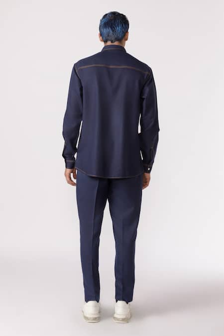 Shop Line Out Line Blue Cotton Solid Shirt at Aza Fashions Shop_Line Out Line_Blue Cotton Solid Shirt_at_Aza_Fashions