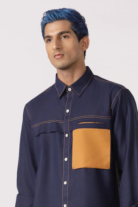 Shop Line Out Line Blue Cotton Solid Shirt Online at Aza Fashions Shop_Line Out Line_Blue Cotton Solid Shirt_Online_at_Aza_Fashions