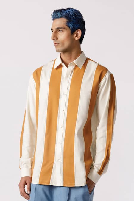 Buy_Line Out Line_Off White Cotton Striped Full Sleeve Shirt_Online_at_Aza_Fashions