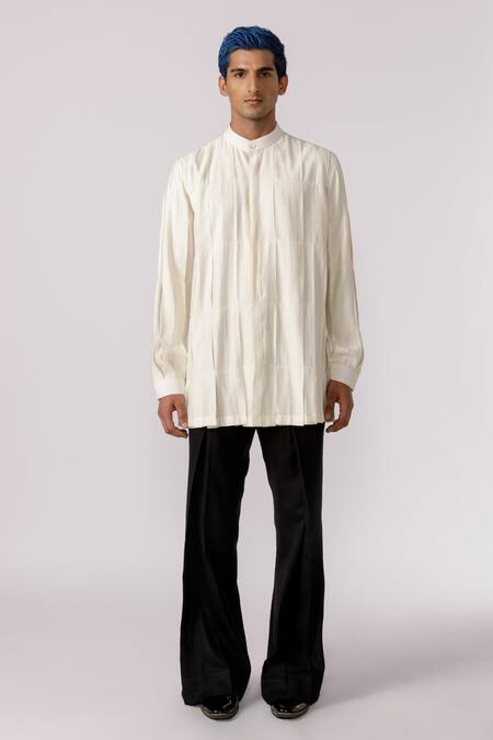 Line Out Line_Off White Chanderi Solid Band Collar Long-line Shirt_Online_at_Aza_Fashions