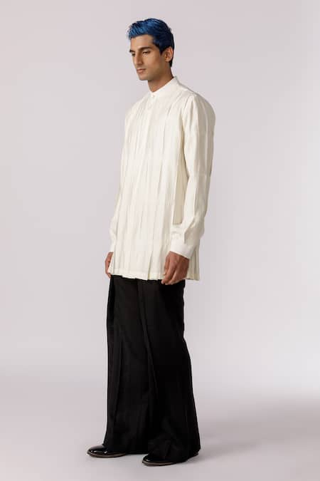 Buy_Line Out Line_Off White Chanderi Solid Band Collar Long-line Shirt_Online_at_Aza_Fashions