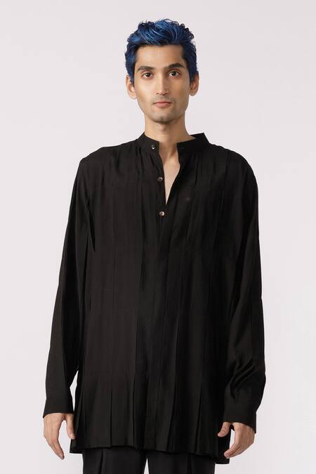 Shop Line Out Line Black Chanderi Solid Band Collar Long-line Shirt at Aza Fashions Shop_Line Out Line_Black Chanderi Solid Band Collar Long-line Shirt_at_Aza_Fashions
