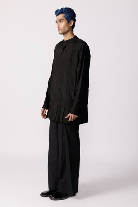 Line Out Line Black Chanderi Solid Band Collar Long-line Shirt Online at Aza Fashions Line Out Line_Black Chanderi Solid Band Collar Long-line Shirt_Online_at_Aza_Fashions