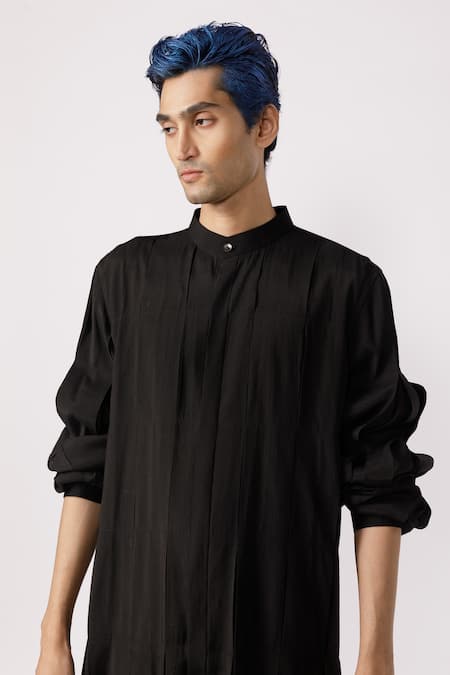 Buy Line Out Line Black Chanderi Solid Band Collar Long-line Shirt Online at Aza Fashions Buy_Line Out Line_Black Chanderi Solid Band Collar Long-line Shirt_Online_at_Aza_Fashions