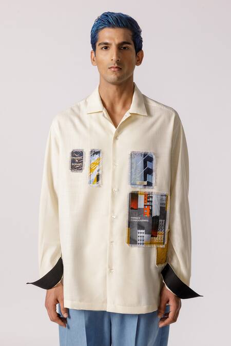 Line Out Line_Off White Cotton Printed Abstract Patch Oversized Shirt_Online_at_Aza_Fashions