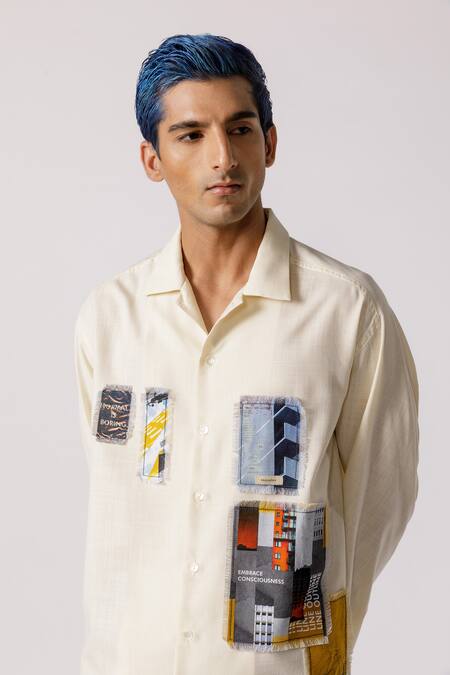 Buy_Line Out Line_Off White Cotton Printed Abstract Patch Oversized Shirt_Online_at_Aza_Fashions