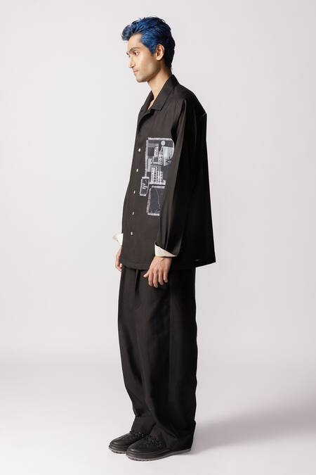 Line Out Line_Black Cotton Printed Abstract Patch Pattern Oversized Shirt_Online_at_Aza_Fashions