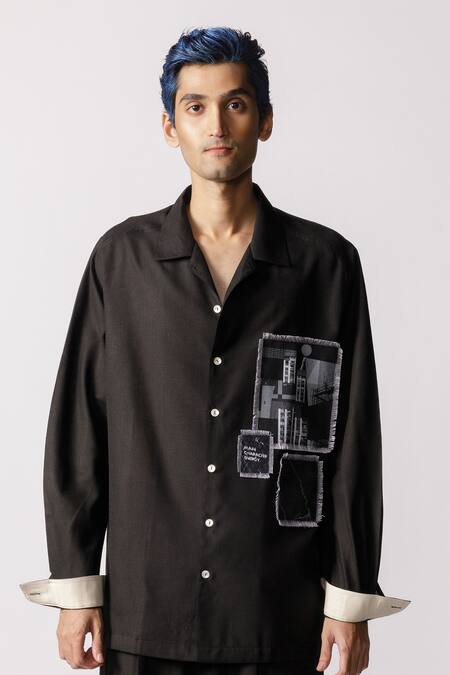 Buy_Line Out Line_Black Cotton Printed Abstract Patch Pattern Oversized Shirt_Online_at_Aza_Fashions
