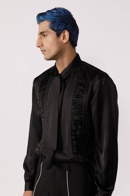 Line Out Line_Black Chanderi Solid Ruched Shirt_Online_at_Aza_Fashions