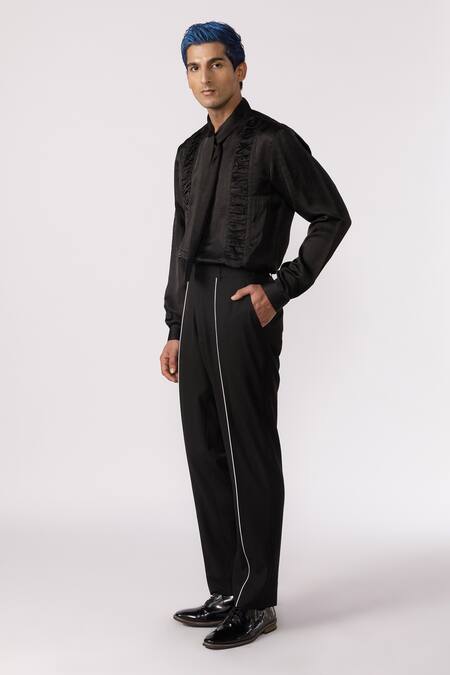 Buy_Line Out Line_Black Chanderi Solid Ruched Shirt_Online_at_Aza_Fashions
