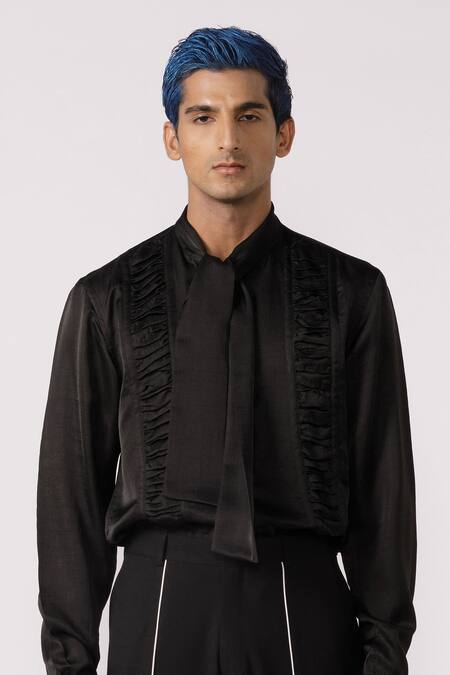 Shop_Line Out Line_Black Chanderi Solid Ruched Shirt_Online_at_Aza_Fashions