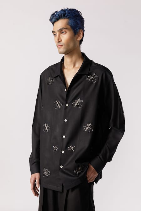 Line Out Line_Black Cotton Embroidery Geometric Oversized Shirt_Online_at_Aza_Fashions