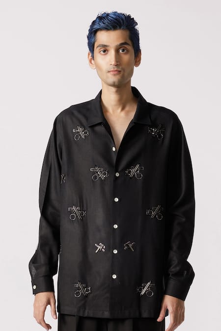 Buy_Line Out Line_Black Cotton Embroidery Geometric Oversized Shirt_Online_at_Aza_Fashions