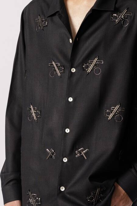 Shop_Line Out Line_Black Cotton Embroidery Geometric Oversized Shirt_Online_at_Aza_Fashions