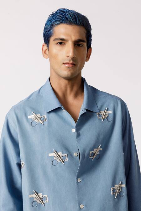 Line Out Line_Blue Cotton Embroidered Geometric Work Oversized Shirt_Online_at_Aza_Fashions