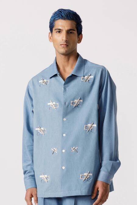 Buy_Line Out Line_Blue Cotton Embroidered Geometric Work Oversized Shirt_Online_at_Aza_Fashions