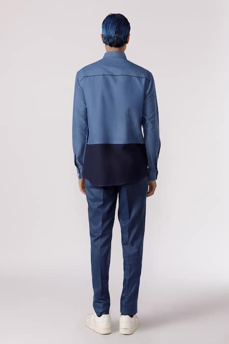 Shop Line Out Line Blue Denim Embroidered Sequins Shapes Of Emotion Patch Work Shirt at Aza Fashions Shop_Line Out Line_Blue Denim Embroidered Sequins Shapes Of Emotion Patch Work Shirt_at_Aza_Fashions