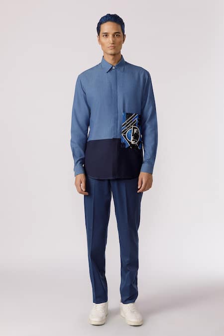 Line Out Line Blue Denim Embroidered Sequins Shapes Of Emotion Patch Work Shirt Online at Aza Fashions Line Out Line_Blue Denim Embroidered Sequins Shapes Of Emotion Patch Work Shirt_Online_at_Aza_Fashions