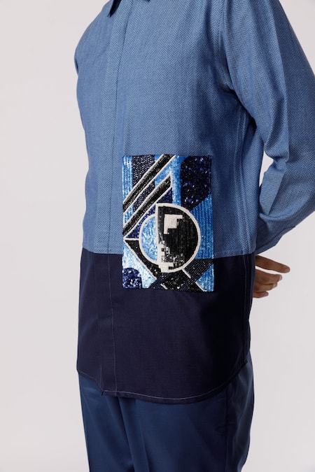 Buy Line Out Line Blue Denim Embroidered Sequins Shapes Of Emotion Patch Work Shirt Online at Aza Fashions Buy_Line Out Line_Blue Denim Embroidered Sequins Shapes Of Emotion Patch Work Shirt_Online_at_Aza_Fashions