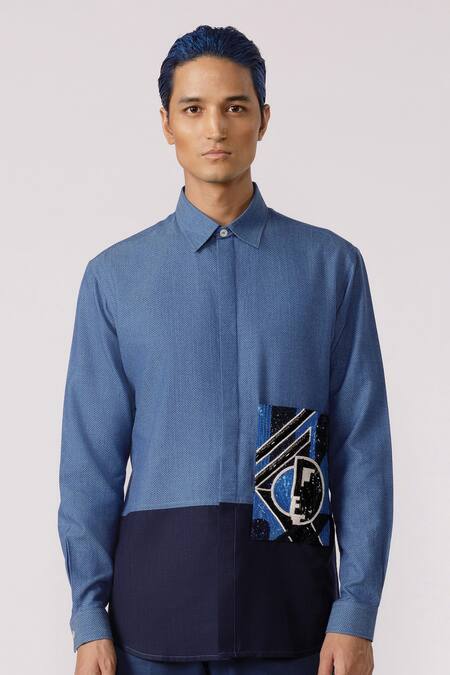 Shop Line Out Line Blue Denim Embroidered Sequins Shapes Of Emotion Patch Work Shirt Online at Aza Fashions Shop_Line Out Line_Blue Denim Embroidered Sequins Shapes Of Emotion Patch Work Shirt_Online_at_Aza_Fashions