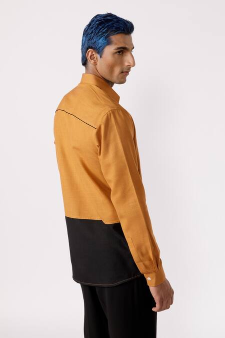 Shop Line Out Line Yellow Cotton Embroidered Sequins Geometric Harmony Patch Work Shirt at Aza Fashions Shop_Line Out Line_Yellow Cotton Embroidered Sequins Geometric Harmony Patch Work Shirt_at_Aza_Fashions