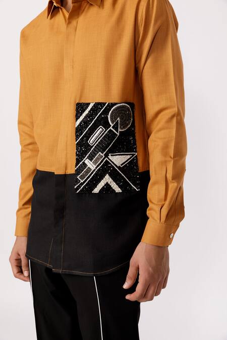 Line Out Line Yellow Cotton Embroidered Sequins Geometric Harmony Patch Work Shirt Online at Aza Fashions Line Out Line_Yellow Cotton Embroidered Sequins Geometric Harmony Patch Work Shirt_Online_at_Aza_Fashions