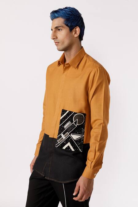 Buy Line Out Line Yellow Cotton Embroidered Sequins Geometric Harmony Patch Work Shirt Online at Aza Fashions Buy_Line Out Line_Yellow Cotton Embroidered Sequins Geometric Harmony Patch Work Shirt_Online_at_Aza_Fashions