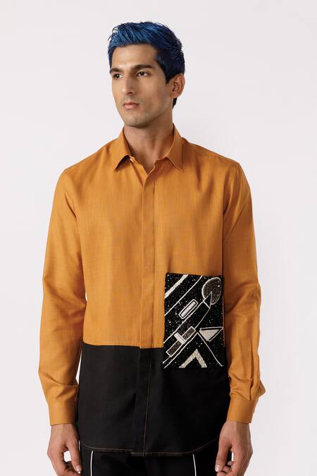 Shop Line Out Line Yellow Cotton Embroidered Sequins Geometric Harmony Patch Work Shirt Online at Aza Fashions Shop_Line Out Line_Yellow Cotton Embroidered Sequins Geometric Harmony Patch Work Shirt_Online_at_Aza_Fashions