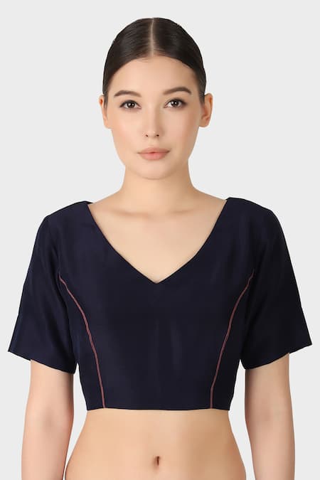 Laite Blue Silk V-neck Solid V Blouse 