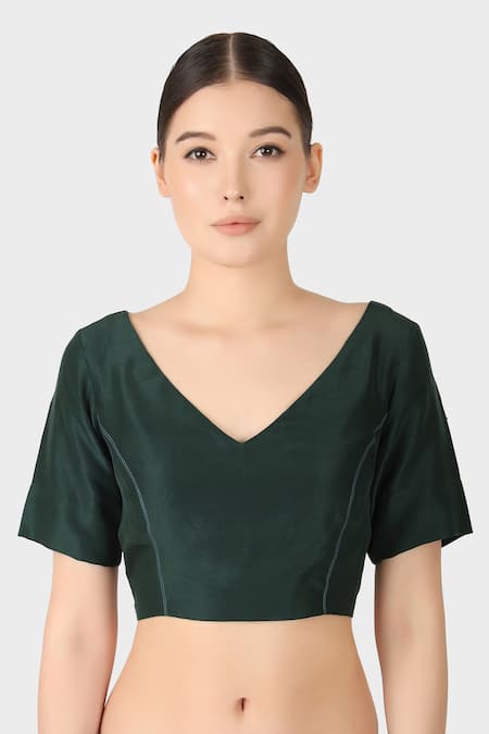 Laite Green Silk V-neck V Solid Blouse 