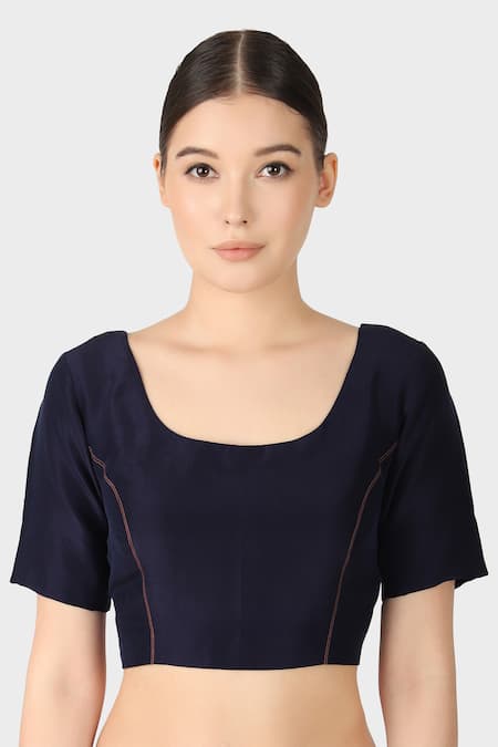Laite Blue Silk Round Neck Solid Blouse 