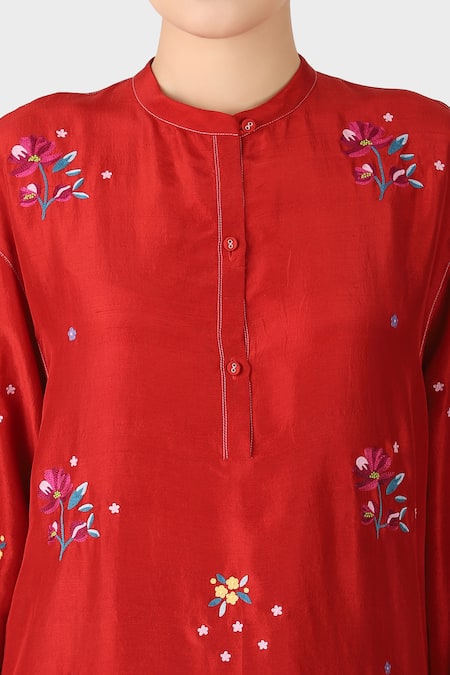 Buy_Laite_Red Silk Embroidery Bandeau Neck Floral Resham Kurta With Pant _Online_at_Aza_Fashions