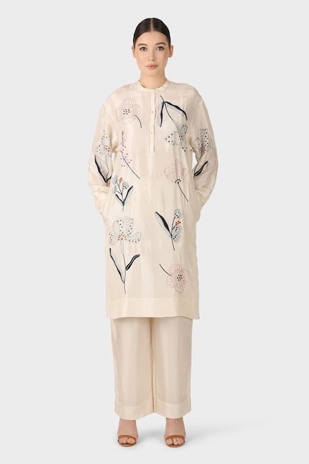 Laite Ivory Silk Embroidery Bandeau Neck Floral Resham Kurta Pant Set 