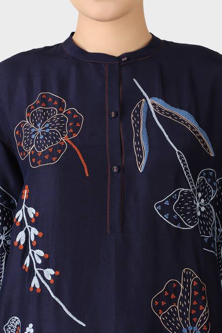 Buy_Laite_Blue Silk Embroidery Bandeau Neck Resham Kurta Pant Set _Online_at_Aza_Fashions